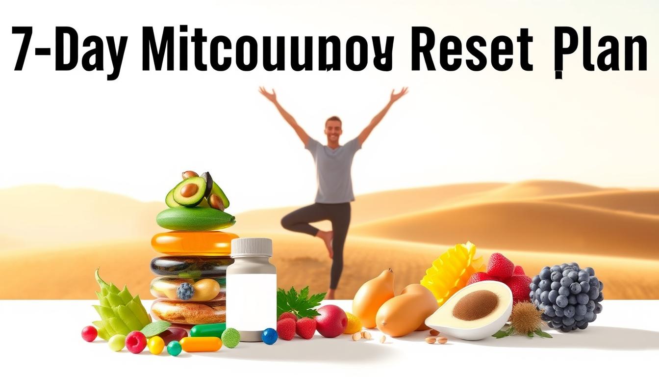 A vibrant and visually compelling illustration of a "7-day mitochondrial reset plan". In the foreground, a stack of colorful supplements and superfoods symbolizing the key elements of the reset. The middle ground showcases an energetic human figure performing a yoga pose, radiating vitality. In the background, a clean and minimalist landscape with soft, warm lighting that evokes a sense of rejuvenation and wellness. The overall composition should convey a balanced, holistic approach to optimizing mitochondrial health through a tailored 7-day program.