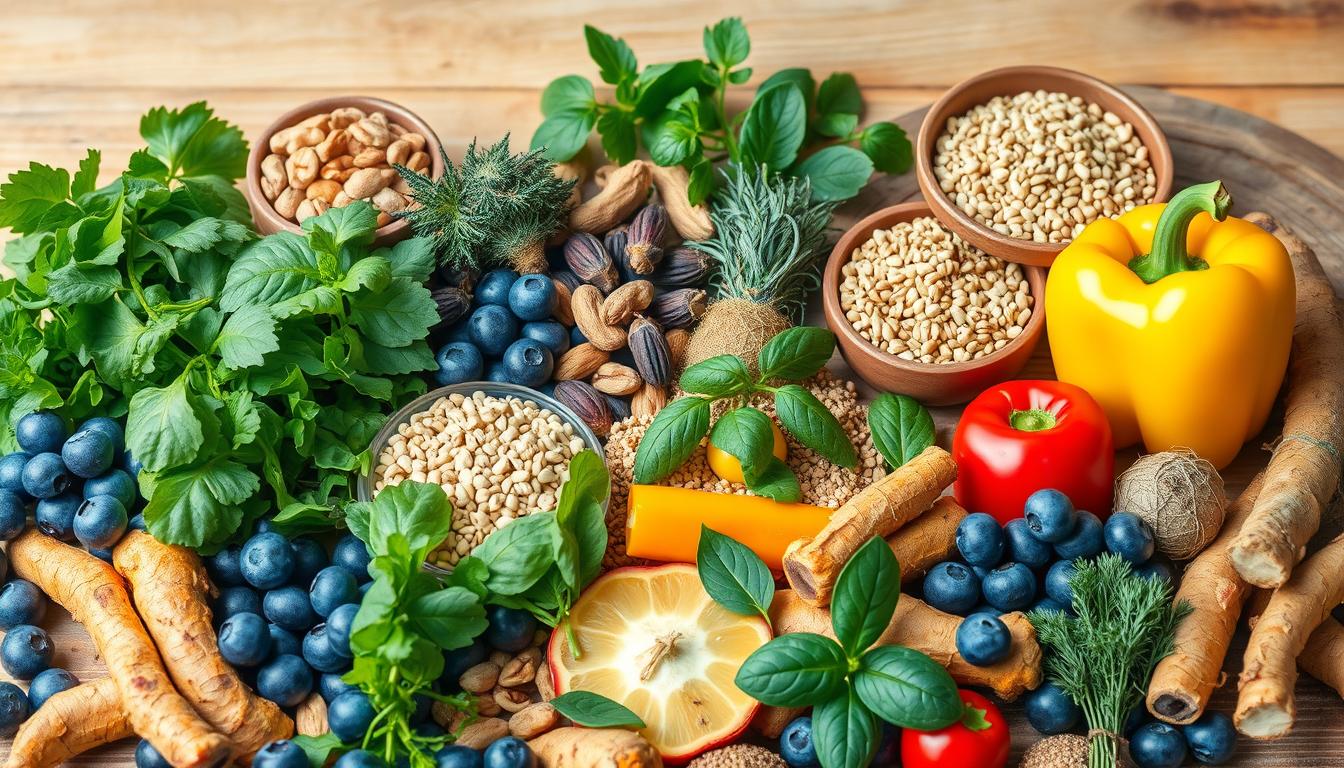A vibrant and visually compelling image of a variety of anti-inflammatory foods arranged in a harmonious composition. The foreground features an assortment of fresh produce, including brightly colored fruits and vegetables such as blueberries, leafy greens, bell peppers, and turmeric roots. The middle ground showcases aromatic herbs, nuts, and whole grains, while the background suggests a natural, earthy setting with wooden surfaces and soft, warm lighting. The overall scene conveys a sense of health, vitality, and the nourishing power of an anti-inflammatory diet.