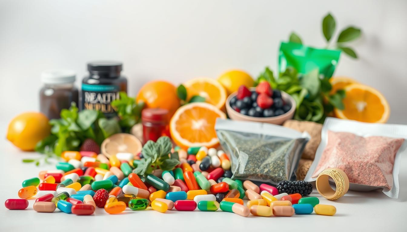 A vibrant and visually engaging display of various health supplements arranged on a clean, minimalist background. In the foreground, an assortment of colorful capsules, tablets, and powder sachets are neatly organized, suggesting their potential to boost energy levels. The middle ground features a selection of fresh, natural ingredients like berries, leafy greens, and citrus fruits, hinting at the natural sources of the supplements. The background is softly lit, creating a sense of wellness and vitality. The overall composition conveys a sense of balance, efficacy, and the synergy between natural and supplemental solutions for chronic fatigue and weight gain.
