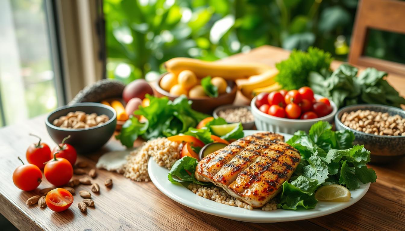 A vibrant and well-balanced spread of fresh produce, lean proteins, whole grains, and healthy fats, artfully arranged on a wooden table. The foreground features a plate of steamed vegetables, a bowl of quinoa, and grilled chicken breast, all bathed in soft, natural lighting. The middle ground showcases a variety of colorful fruits and nuts, while the background is filled with lush greenery, hinting at the verdant outdoors. The overall atmosphere conveys a sense of nourishment, vitality, and a harmonious integration of a healthy walking routine and a balanced diet.