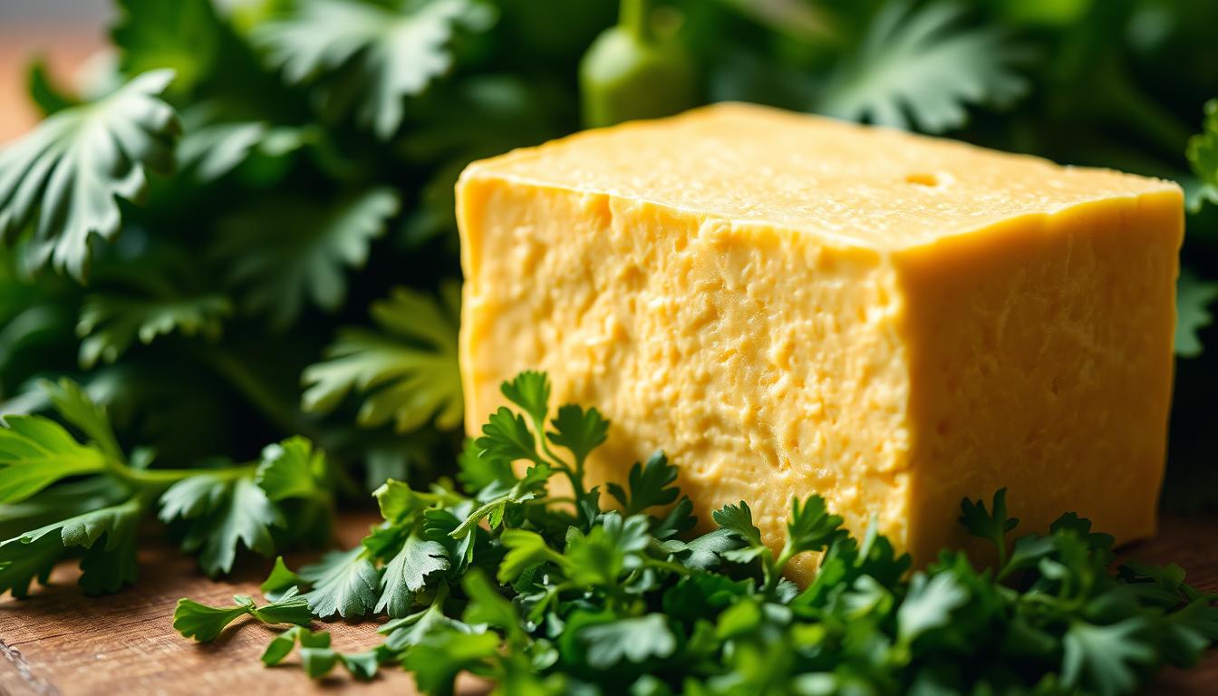 A vibrant, appetizing close-up of a block of firm, golden tofu against a backdrop of lush, verdant leaves. The tofu's surface glistens with a subtle sheen, suggesting its rich, creamy texture. The foreground is sharply in focus, with the tofu's subtle marbling and organic form clearly visible. The middle ground features a scattering of freshly chopped herbs, their vibrant green hues complementing the tofu's neutral tones. The background is softly blurred, hinting at a tranquil, nature-inspired setting, emphasizing the tofu's plant-based origins. The overall lighting is warm and natural, casting gentle shadows that accentuate the tofu's dimensional qualities. The composition is balanced and visually appealing, inviting the viewer to consider tofu's role as a versatile, fat-burning plant-based food.