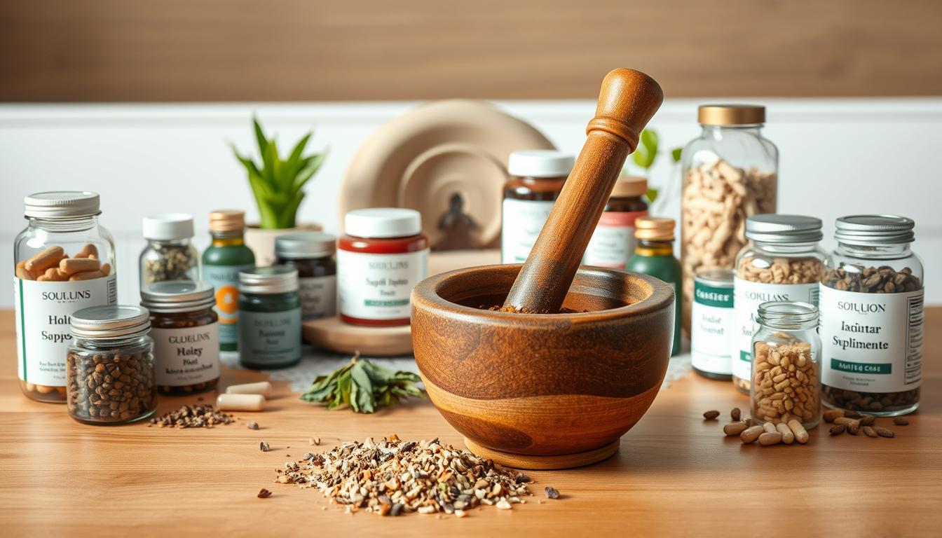 A vibrant arrangement of adaptogenic supplements placed on a minimalist wooden table. In the foreground, a mortar and pestle grinds a mixture of powdered herbs, their earthy tones contrasting with the warm-toned wood. Behind it, glass jars display an assortment of capsules, tinctures, and loose-leaf adaptogens, each labeled with its distinctive properties. The middle ground features a zen-inspired meditation cushion, alluding to the holistic approach of integrating these supplements into a daily self-care routine. Soft, natural lighting illuminates the scene, creating a serene and inviting atmosphere for this adaptogen supplement routine.