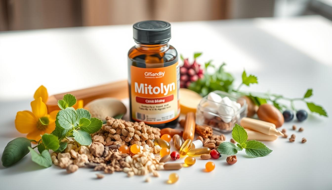 A vibrant arrangement of key ingredients for the cellular health supplement Mitolyn, captured in a crisp, high-resolution photograph. In the foreground, a selection of natural botanicals and nutrients - ginkgo biloba, CoQ10, omega-3 fatty acids, and more - meticulously laid out on a clean, minimalist surface. The middle ground showcases the Mitolyn product bottle, its label prominently displaying the formulation's primary components. The background features a soft, diffused lighting setup that highlights the vivid colors and textures of the ingredients, creating an inviting and informative composition.