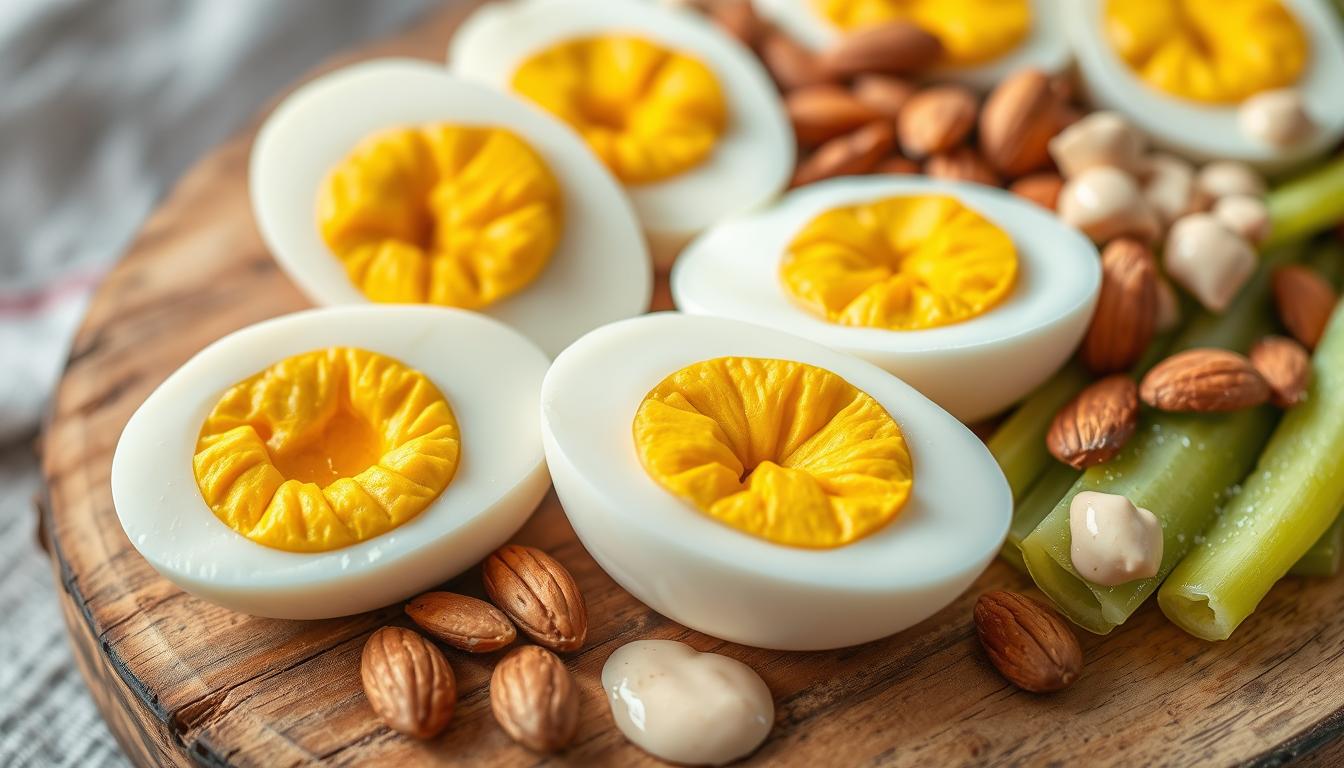A vibrant arrangement of perfectly cooked hard-boiled eggs, sliced and arranged on a rustic wooden board. The golden yolks gleam in the soft, natural lighting, while the egg whites have a delicate, smooth texture. Alongside the eggs, a scattering of roasted and salted almonds, crunchy celery sticks, and a drizzle of creamy tahini dressing, creating a visually appealing and protein-packed snack. The overall composition is balanced, with a earthy, organic feel, capturing the essence of a nourishing, energizing egg-based treat.