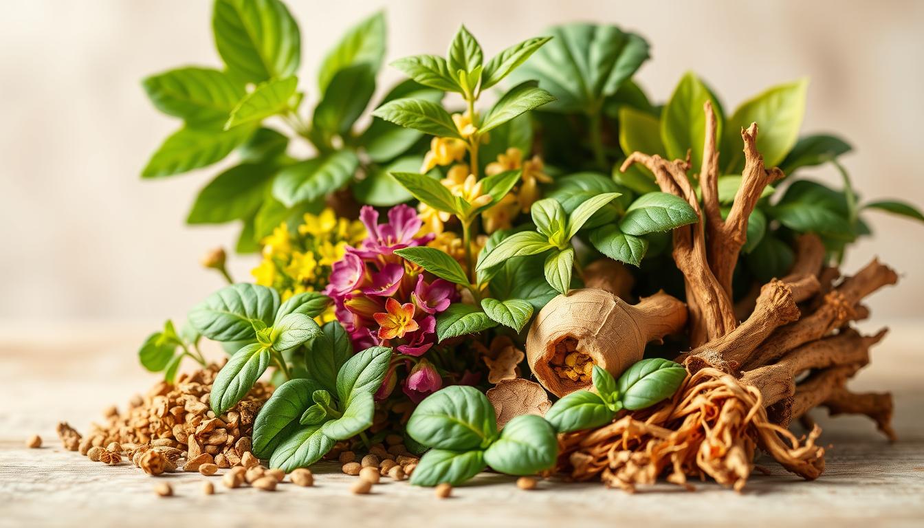 A vibrant arrangement of various adaptogenic herbs, including ashwagandha, rhodiola, holy basil, and ginseng, set against a soft, natural background. The herbs are displayed in an elegant, visually appealing manner, with their lush greenery and vibrant colors taking center stage. The lighting is warm and inviting, highlighting the texture and detail of the plants. The composition is well-balanced, with the foreground herbs drawing the eye, while the blurred background adds depth and a sense of tranquility. This image perfectly captures the essence of the "Exploring Additional Adaptogenic Herbs" section, showcasing the diverse array of these beneficial plants in a visually captivating way.