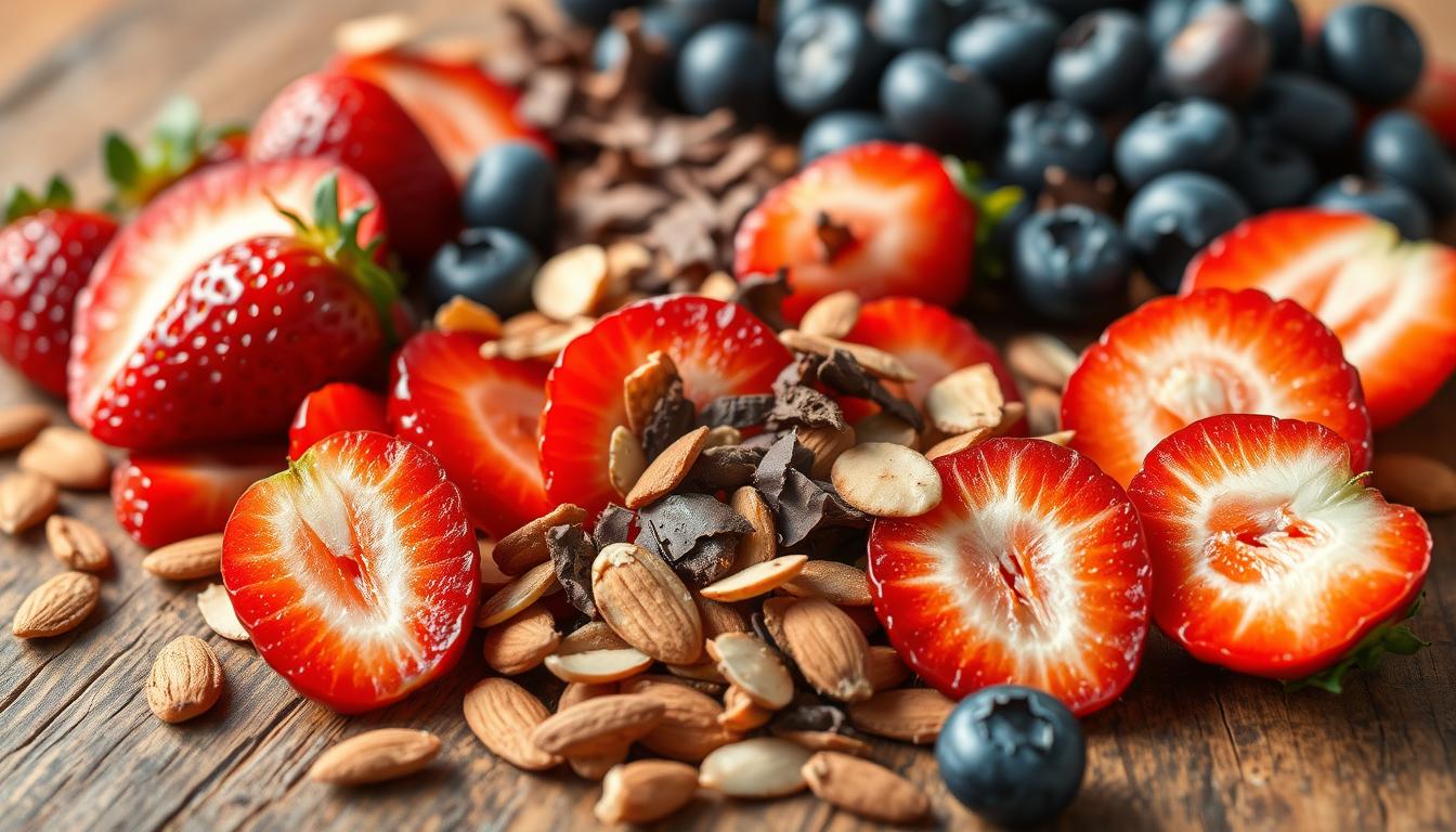 A vibrant array of low-carb dessert toppings, artfully arranged on a rustic wooden surface. In the foreground, delicate slices of fresh strawberries, their ruby-red hues glistening under warm, softly diffused lighting. Scattered amidst the berries, a handful of toasted almond slivers, their golden-brown tones adding a delightful crunch. In the middle ground, a sprinkling of dark chocolate shavings, their rich cocoa notes contrasting beautifully with the sweetness of the fruit. Behind, a scattering of plump blueberries, their deep indigo hues providing a striking visual accent. The overall composition exudes a sense of natural, wholesome elegance, inviting the viewer to imagine the decadent yet guilt-free desserts these toppings could adorn.