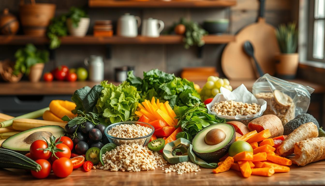 A vibrant array of nutrient-dense post-workout recovery foods, including a variety of fresh fruits and vegetables, lean protein sources such as grilled chicken or salmon, complex carbohydrates like quinoa or sweet potatoes, and healthy fats from avocado or nuts. The scene is set in a rustic, well-lit kitchen, with the ingredients neatly arranged on a wooden table, conveying a sense of wholesome, natural goodness. The lighting is warm and inviting, casting a soft glow over the scene, emphasizing the vibrant colors and textures of the foods. The overall mood is one of health, vitality, and a commitment to fueling the body for optimal recovery and fat loss. A vibrant array of nutrient-dense post-workout recovery foods, including a variety of fresh fruits and vegetables, lean protein sources such as grilled chicken or salmon, complex carbohydrates like quinoa or sweet potatoes, and healthy fats from avocado or nuts. The scene is set in a rustic, well-lit kitchen, with the ingredients neatly arranged on a wooden table, conveying a sense of wholesome, natural goodness. The lighting is warm and inviting, casting a soft glow over the scene, emphasizing the vibrant colors and textures of the foods. The overall mood is one of health, vitality, and a commitment to fueling the body for optimal recovery and fat loss.