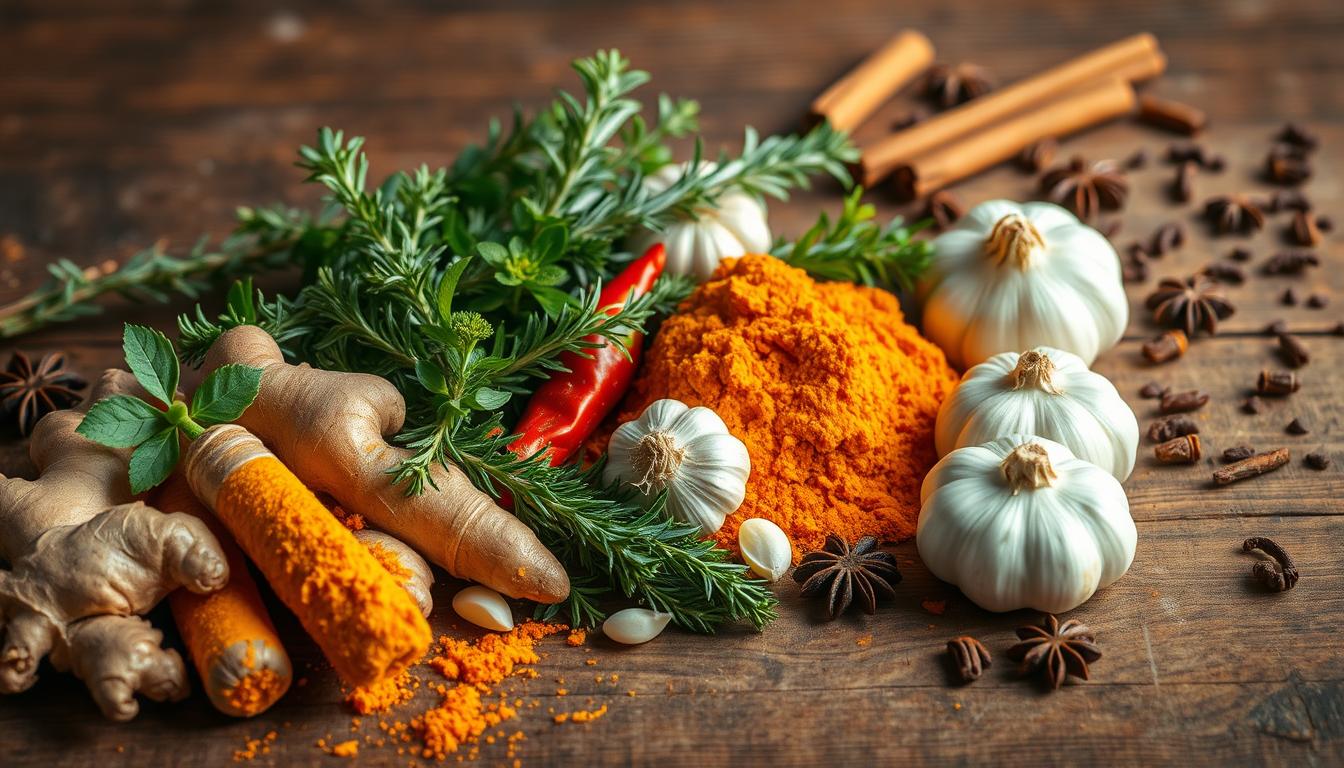 A vibrant assortment of immune-boosting herbs and spices arranged on a rustic wooden table. In the foreground, fresh ginger, turmeric, garlic, and chili peppers radiate warmth and potency. The middle ground features sprigs of rosemary, thyme, and oregano, their verdant hues contrasting against the earthy backdrop. In the distance, a scattering of cinnamon sticks, whole cloves, and star anise lend depth and complexity to the composition. Soft, diffused lighting casts a gentle, golden glow, enhancing the natural textures and colors of the ingredients. The overall mood is one of vitality, nourishment, and the powerful synergy of nature's most potent immune-boosting botanicals. A vibrant assortment of immune-boosting herbs and spices arranged on a rustic wooden table. In the foreground, fresh ginger, turmeric, garlic, and chili peppers radiate warmth and potency. The middle ground features sprigs of rosemary, thyme, and oregano, their verdant hues contrasting against the earthy backdrop. In the distance, a scattering of cinnamon sticks, whole cloves, and star anise lend depth and complexity to the composition. Soft, diffused lighting casts a gentle, golden glow, enhancing the natural textures and colors of the ingredients. The overall mood is one of vitality, nourishment, and the powerful synergy of nature's most potent immune-boosting botanicals.
