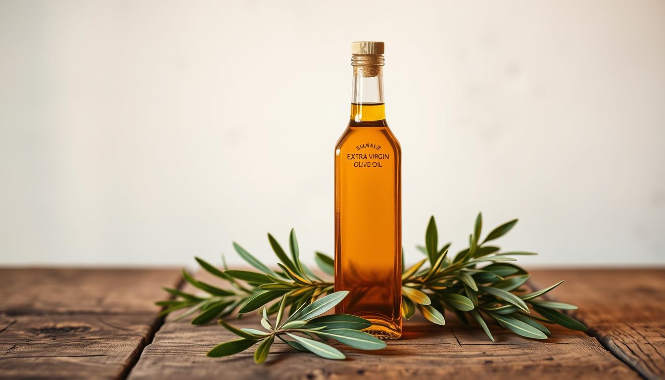 A vibrant bottle of extra virgin olive oil stands prominently on a rustic wooden table, surrounded by fresh green leaves and a sprig of rosemary. The warm, golden light casts a soft glow, highlighting the rich, amber hue of the oil. In the background, a minimalist, white-washed wall provides a clean, airy backdrop, emphasizing the natural, heart-healthy essence of this versatile culinary staple. The composition conveys a sense of simplicity, quality, and the inherent wellness associated with this Mediterranean superfood.