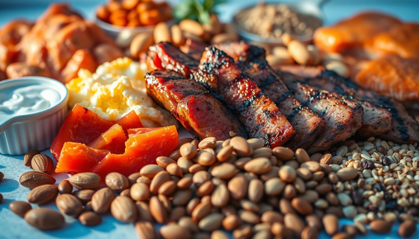 A vibrant, close-up image of various protein-rich foods arranged in a dynamic composition. In the foreground, a cluster of juicy steak slices, grilled chicken breasts, and scrambled eggs, all bathed in warm, golden lighting. In the middle ground, a scattered display of nuts, seeds, and legumes, such as almonds, pumpkin seeds, and lentils, creating a textural contrast. The background features blurred but recognizable images of other high-protein options, like Greek yogurt, salmon fillets, and quinoa, all set against a clean, minimalist backdrop that emphasizes the nutritional benefits of these wholesome ingredients. The overall scene conveys a sense of vitality and the essential role of protein in maintaining a healthy, balanced diet.
