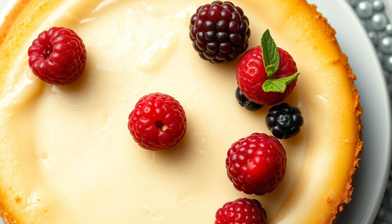 A vibrant close-up of a decadent keto cheesecake, its golden-brown crust giving way to a rich, creamy filling infused with the delicate flavors of vanilla and lemon zest. Carefully placed berries, such as juicy raspberries and succulent blackberries, dot the surface, adding pops of color and a touch of natural sweetness. The cheesecake is lit from above, casting soft shadows and highlights that accentuate its smooth, velvety texture. The overall scene exudes an air of indulgence and guilt-free pleasure, perfectly capturing the essence of a delicious low-carb dessert.