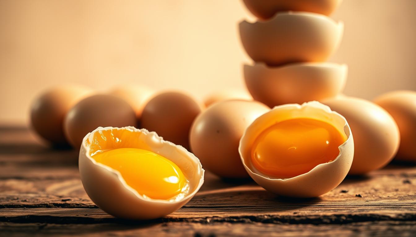 A vibrant close-up of a stack of golden-yolked eggs, their shells glistening under a warm, diffused light. The eggs are arranged artfully, their silhouettes casting soft shadows on a rustic wooden surface. In the foreground, a single cracked egg reveals its protein-rich interior, hinting at the nutritional power within. The mid-ground features a scattering of whole eggs, their shapes and textures emphasized by the gentle lighting. In the background, a neutral backdrop allows the eggs to take center stage, their form and color the primary focus. This image conveys the essence of eggs as a protein-packed, fat-burning superfood.