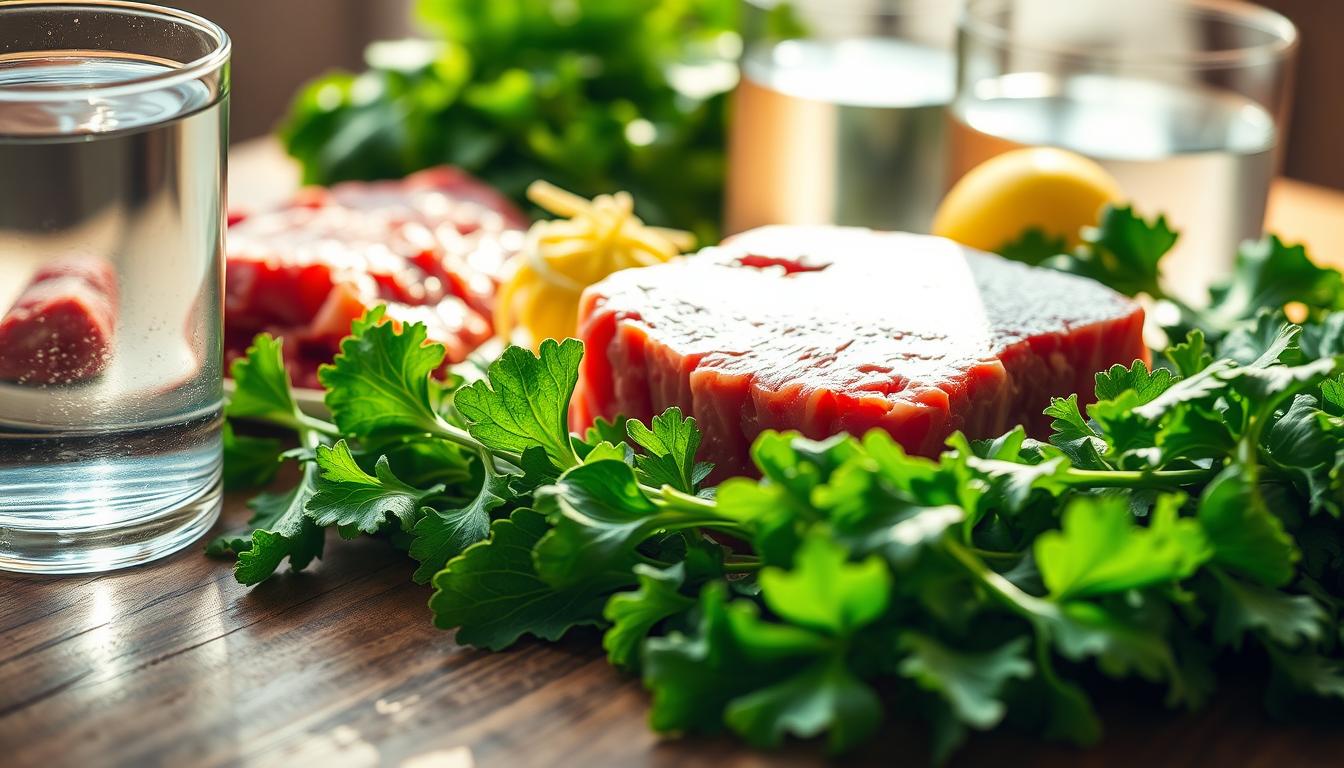 A vibrant close-up of a variety of electrolyte-rich foods on a wooden table, including juicy red meat, crisp green leafy vegetables, and a glass of clear water. The lighting is natural and warm, casting a soft glow on the scene. The camera angle is slightly elevated, providing a sense of depth and emphasizing the textures and colors of the ingredients. The overall composition is balanced and visually appealing, conveying the importance of maintaining electrolyte balance on a carnivore diet.