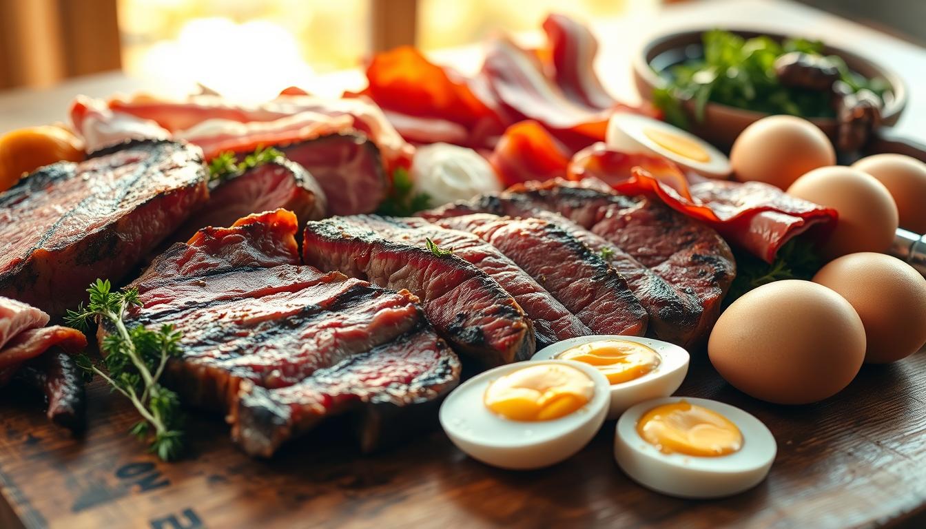 A vibrant close-up of an assortment of budget-friendly carnivore staples, including juicy steak, crisp bacon, savory organ meats, and fresh eggs, artfully arranged on a rustic wooden table. Warm, natural lighting casts a golden glow, highlighting the rich textures and colors of the high-protein ingredients. The scene conveys a sense of abundance and accessibility, suggesting that eating a carnivore diet can be both nourishing and economical.