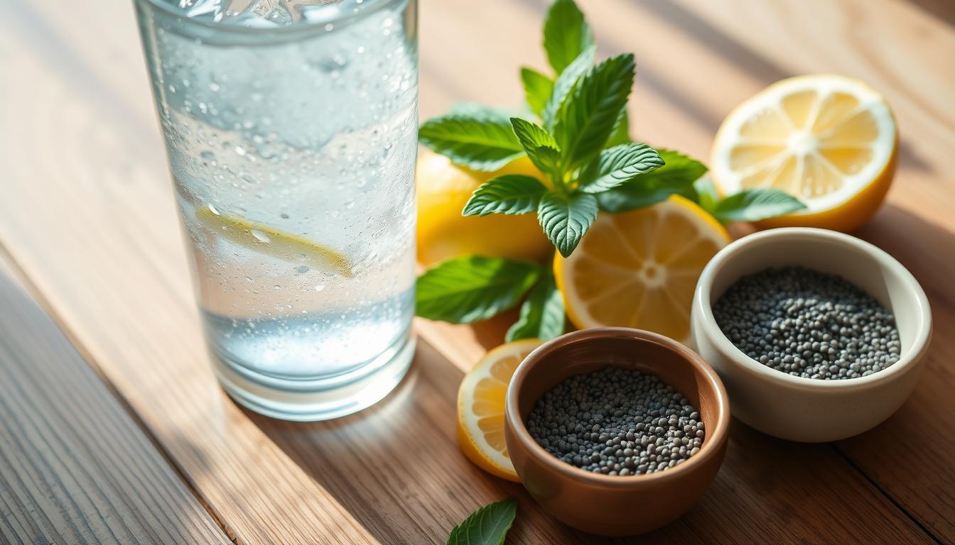 A vibrant, close-up photograph of a glass filled with clear, sparkling water on a wooden table, surrounded by fresh lemon slices, mint leaves, and a small bowl of chia seeds. The lighting is warm and natural, casting a soft glow on the scene. The camera angle is slightly elevated, creating a sense of inviting simplicity and mindfulness. The overall mood is one of refreshment, wellness, and a gentle start to the day. A vibrant, close-up photograph of a glass filled with clear, sparkling water on a wooden table, surrounded by fresh lemon slices, mint leaves, and a small bowl of chia seeds. The lighting is warm and natural, casting a soft glow on the scene. The camera angle is slightly elevated, creating a sense of inviting simplicity and mindfulness. The overall mood is one of refreshment, wellness, and a gentle start to the day.