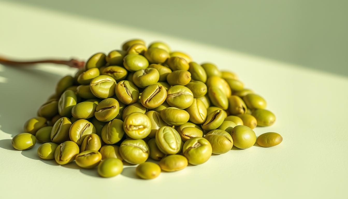 A vibrant, close-up photograph of a handful of freshly harvested green coffee beans against a plain, light-colored background. The beans are glistening with natural oils, casting subtle reflections. The lighting is soft and natural, casting gentle shadows that accentuate the beans' shapes and textures. The overall composition is simple and uncluttered, allowing the green coffee beans to be the sole focus of the image. The mood is serene, highlighting the purity and vitality of this modern weight loss supplement.
