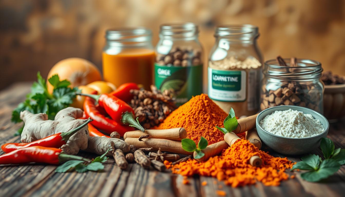 A vibrant, close-up photograph of various natural metabolism boosting ingredients arranged on a rustic wooden surface. In the foreground, a selection of fresh herbs and spices such as cayenne pepper, ginger, and turmeric stand out with their bold colors and textures. In the middle ground, glass jars filled with powdered supplements like green tea extract and L-carnitine capture the viewer's attention. The background features a blurred, earthy backdrop that enhances the natural, wholesome vibe. Warm, soft lighting casts a cozy glow over the scene, emphasizing the organic nature of the metabolism-boosting components.