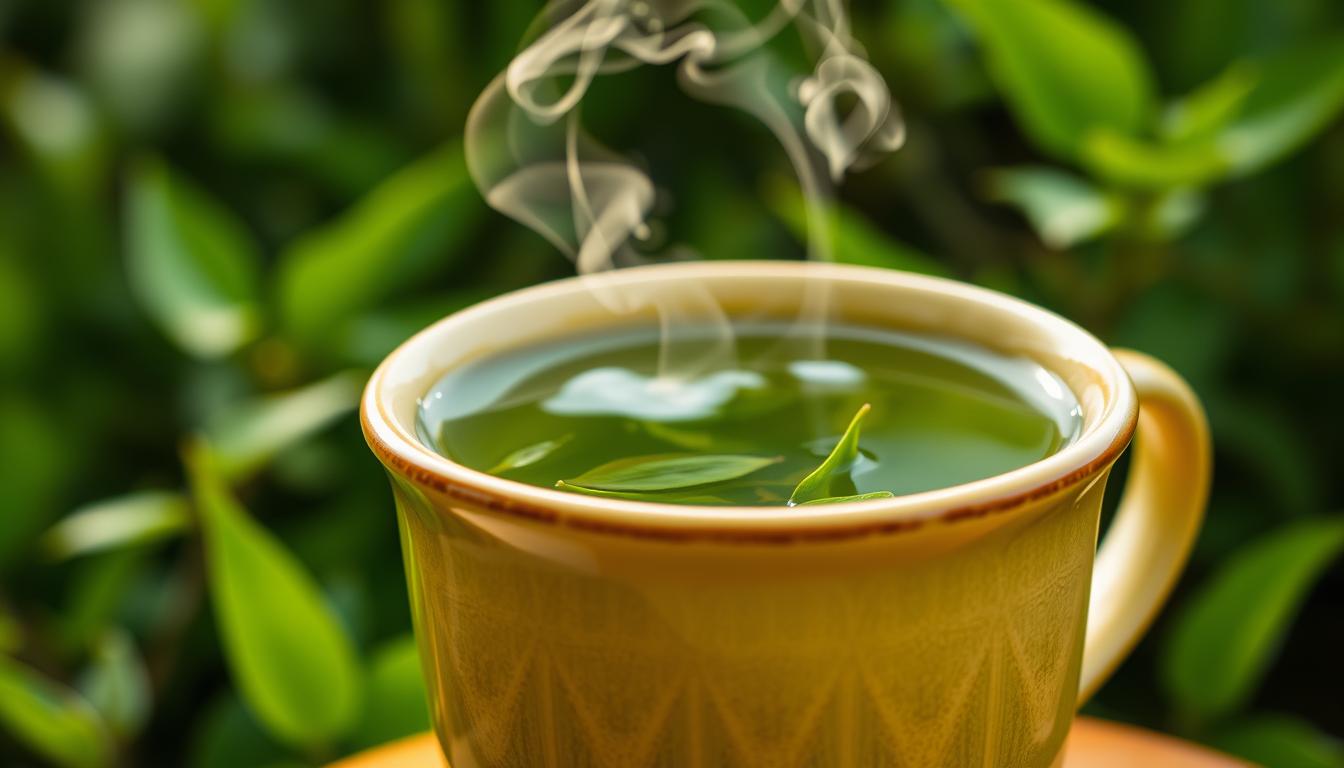A vibrant, close-up shot of a steaming cup of freshly brewed green tea, with delicate tendrils of steam rising from the surface. The tea leaves are visible, their deep green hues complemented by the golden-brown tones of the ceramic cup. In the background, a lush, verdant backdrop suggests a serene, natural setting, evoking a sense of tranquility and health. The lighting is soft and diffused, creating a warm, inviting atmosphere that enhances the calming and rejuvenating qualities of the green tea. The overall composition emphasizes the connection between green tea and its potential to boost metabolism, inspiring the viewer to incorporate this natural remedy into their wellness routine. A vibrant, close-up shot of a steaming cup of freshly brewed green tea, with delicate tendrils of steam rising from the surface. The tea leaves are visible, their deep green hues complemented by the golden-brown tones of the ceramic cup. In the background, a lush, verdant backdrop suggests a serene, natural setting, evoking a sense of tranquility and health. The lighting is soft and diffused, creating a warm, inviting atmosphere that enhances the calming and rejuvenating qualities of the green tea. The overall composition emphasizes the connection between green tea and its potential to boost metabolism, inspiring the viewer to incorporate this natural remedy into their wellness routine.