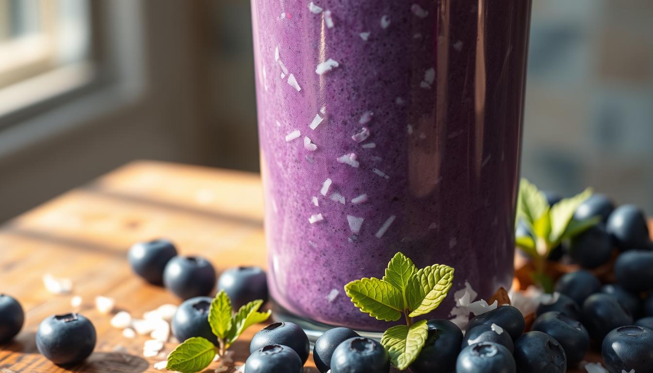A vibrant, close-up shot of a tall glass filled with a luscious, creamy blueberry and coconut smoothie. The smooth, rich liquid has a deep indigo hue, accented by flecks of white coconut shreds floating throughout. Sunlight streams in from the side, casting a warm, golden glow and creating a shimmering, translucent effect on the surface of the drink. The glass sits atop a rustic, wooden table, surrounded by fresh blueberries, coconut flakes, and a few sprigs of mint leaves, creating a natural, organic composition. The image exudes a sense of nourishment and vibrant, cellular-level health.