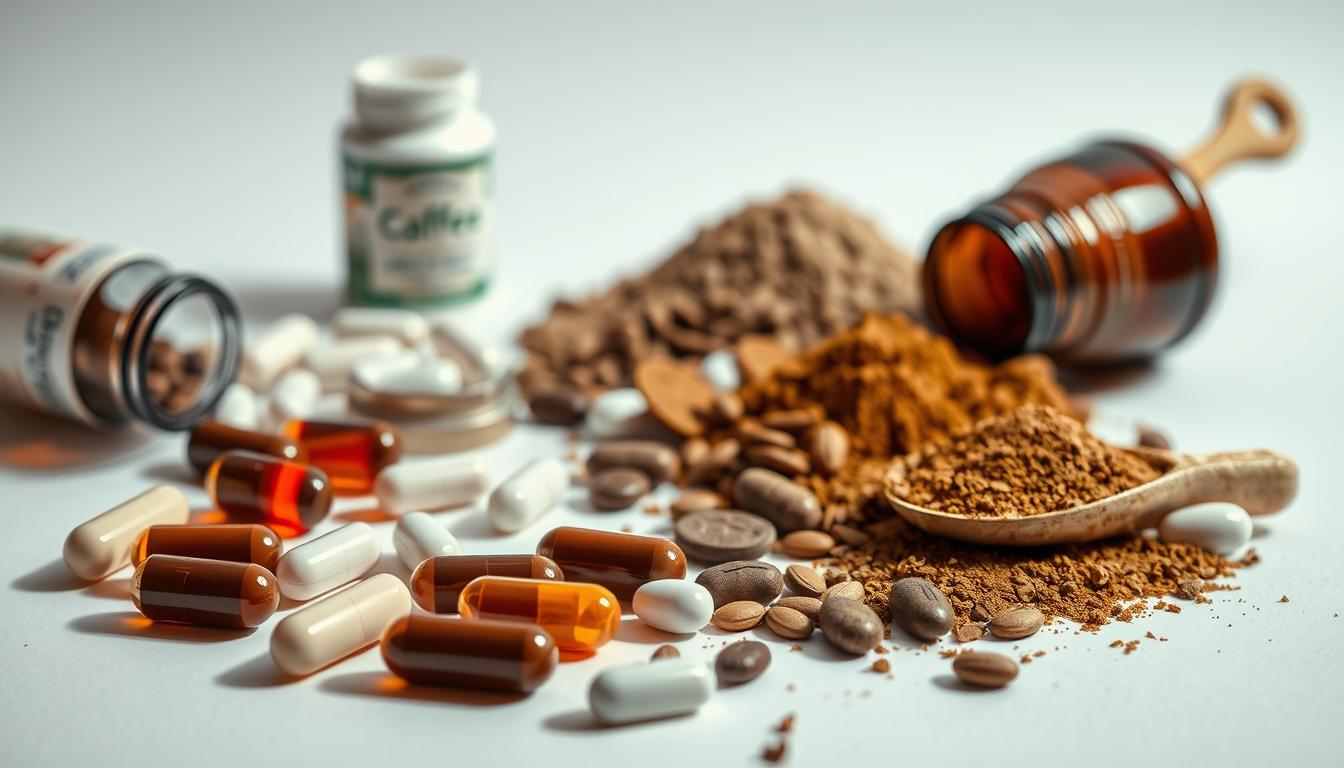 A vibrant, close-up shot of an assortment of caffeine-based fat burning supplements, including capsules, tablets, and powdered supplements, set against a crisp, white background. The lighting is clean and directional, casting soft shadows and highlighting the textural details of the various products. The foreground features the main supplements in focus, while the middle ground showcases a scatter of pills, tablets, and powder scoops, creating a sense of depth and variety. The background remains subtly blurred, maintaining the emphasis on the key fat burner items. The overall mood is one of clarity, efficiency, and a sense of the potent, energizing properties of the caffeine-based supplements.