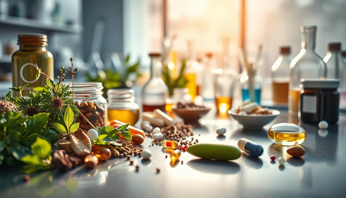 A vibrant, close-up view of various natural ingredients and supplements used in the Mitolyn formulation. In the foreground, a collection of botanical extracts, herbs, vitamins, and minerals are neatly arranged on a sleek, reflective laboratory surface, illuminated by soft, natural lighting from the side. In the middle ground, scientific glassware, pipettes, and other laboratory equipment suggest a rigorous testing and validation process. The background fades into a hazy, out-of-focus perspective, creating a sense of depth and emphasizing the scientific focus of the scene.