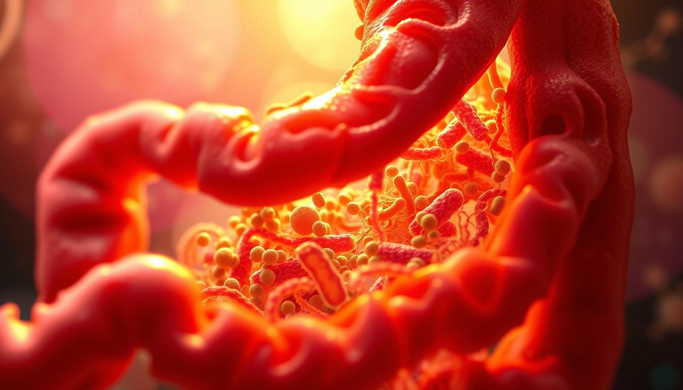 A vibrant, closeup view of a healthy human gut, showcasing its intricate network of cells, bacteria, and processes. The foreground depicts the gut lining in vivid detail, with a rich palette of colors and textures that capture the dynamic nature of this vital organ. The middle ground reveals the gut's microbiome, a diverse array of microorganisms thriving in a harmonious balance. In the background, a softly lit, abstract representation of the gut's metabolic and immune functions, creating a sense of depth and interconnectedness. The image conveys the unexpected benefits of Mitolyn, a supplement that supports gut health, by highlighting the complex and vital role the gut plays in overall well-being.