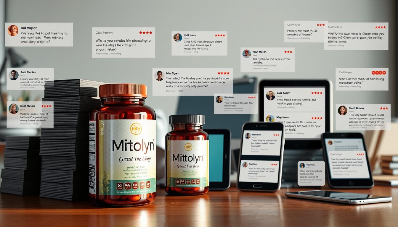 A vibrant collage of Mitolyn supplement reviews, showcasing a diverse array of testimonials from real users. In the foreground, a stack of glossy, high-resolution product packaging with the Mitolyn logo prominently displayed, casting a warm, natural light. In the middle ground, a collection of digital devices, such as smartphones and tablets, displaying positive online reviews and ratings from satisfied customers. The background features a clean, minimalist workspace, with a wooden desk and office supplies, creating a professional and trustworthy atmosphere. The overall composition conveys a sense of transparency, credibility, and a commitment to providing authentic user experiences. A vibrant collage of Mitolyn supplement reviews, showcasing a diverse array of testimonials from real users. In the foreground, a stack of glossy, high-resolution product packaging with the Mitolyn logo prominently displayed, casting a warm, natural light. In the middle ground, a collection of digital devices, such as smartphones and tablets, displaying positive online reviews and ratings from satisfied customers. The background features a clean, minimalist workspace, with a wooden desk and office supplies, creating a professional and trustworthy atmosphere. The overall composition conveys a sense of transparency, credibility, and a commitment to providing authentic user experiences.
