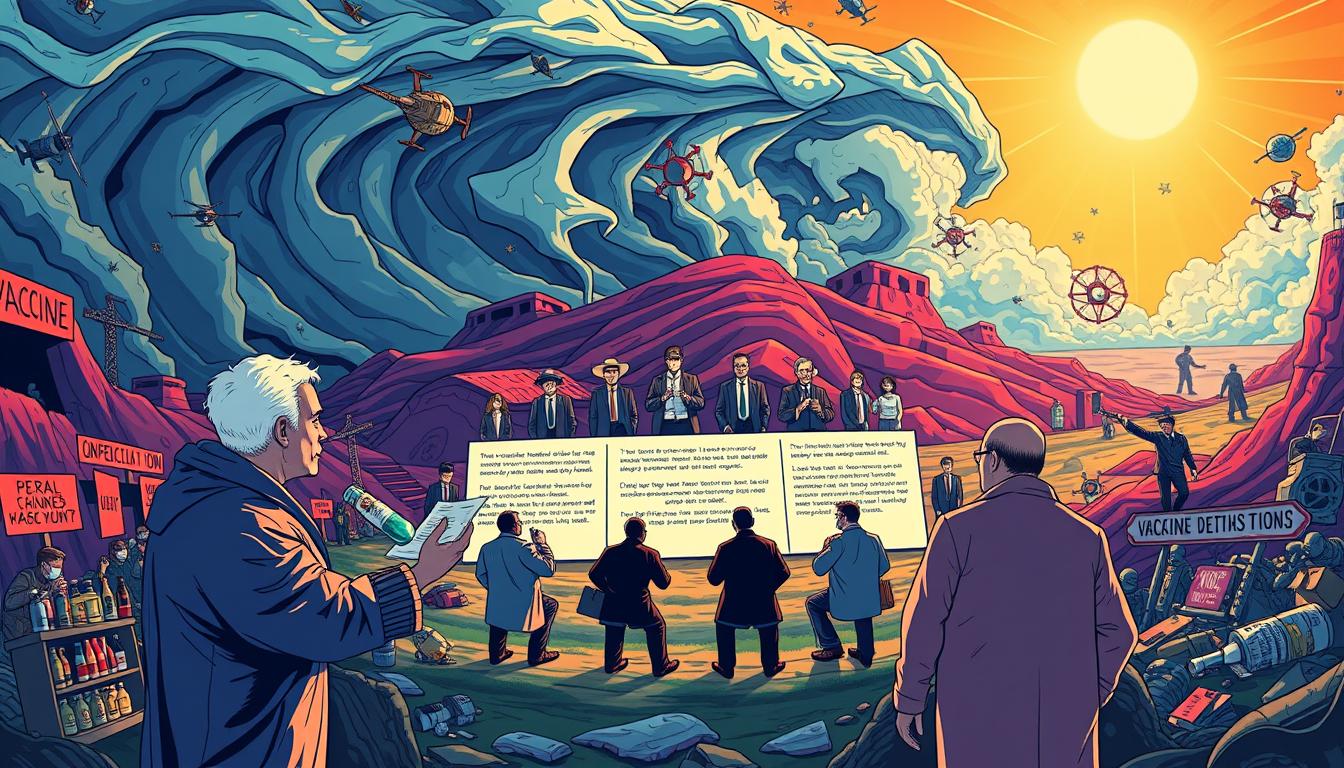 A vibrant, colorful, and epic illustration debunking common myths about vaccine detox. In the foreground, a figure representing a vaccine skeptic presents various detox products, while in the middle ground, a panel of medical experts refutes their claims with scientific facts. The background features a dramatic, swirling landscape of misinformation and conspiracy theories, contrasted by a bright, hopeful sky, symbolizing the triumph of truth over pseudoscience. The scene is captured with a cinematic wide-angle lens, emphasizing the grand scale of the subject matter. A vibrant, colorful, and epic illustration debunking common myths about vaccine detox. In the foreground, a figure representing a vaccine skeptic presents various detox products, while in the middle ground, a panel of medical experts refutes their claims with scientific facts. The background features a dramatic, swirling landscape of misinformation and conspiracy theories, contrasted by a bright, hopeful sky, symbolizing the triumph of truth over pseudoscience. The scene is captured with a cinematic wide-angle lens, emphasizing the grand scale of the subject matter.