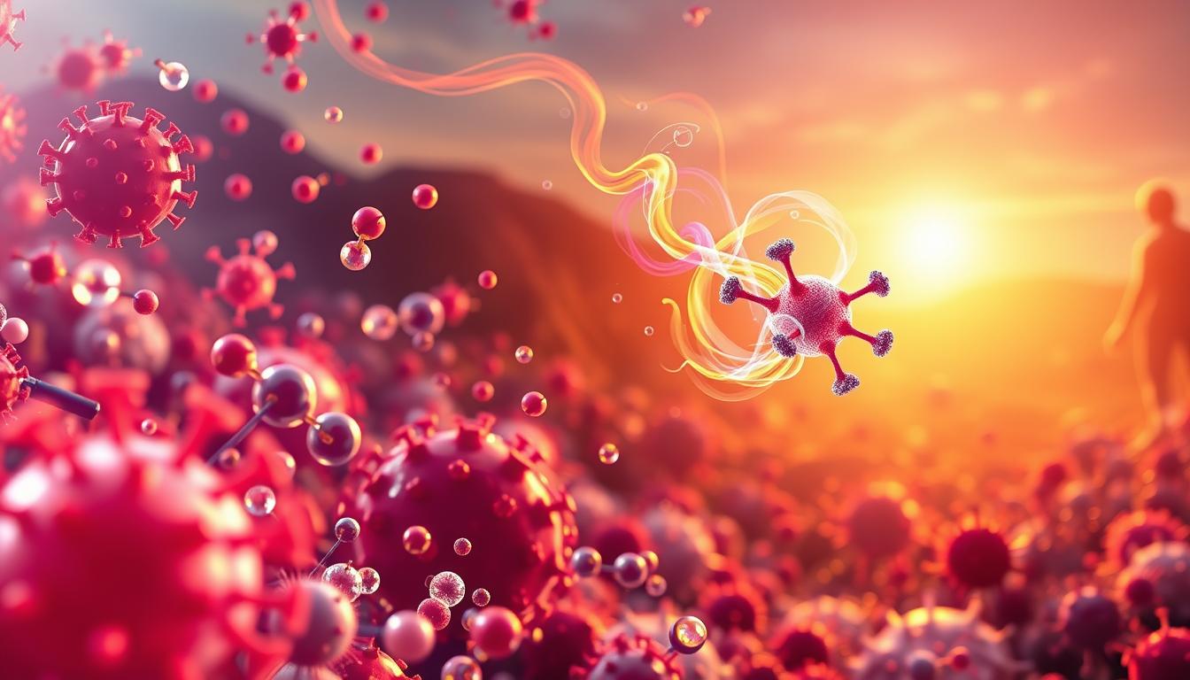 A vibrant, colorful, and epic scene depicting the concept of adjuvants in vaccines. In the foreground, a collection of microscopic vaccine components, including virus-like particles, adjuvant molecules, and immune cells, are intricately detailed. The middle ground showcases a molecular structure of an adjuvant, surrounded by a swirl of energy and colorful wisps, representing its role in enhancing the immune response. In the background, a serene, yet dynamic landscape of cellular structures and pathways, bathed in a warm, golden light, emphasizes the complex and interconnected nature of the human body's immune system. The overall composition conveys the importance of adjuvants in boosting the effectiveness of vaccines, while maintaining a sense of scientific elegance and visual interest.