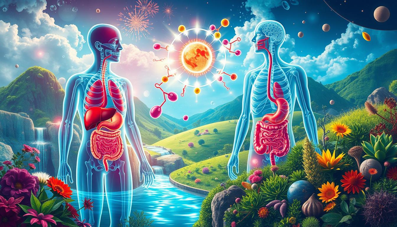 A vibrant, colorful, and epic scene depicting the science behind the process of detoxification. In the foreground, a detailed illustration showcases the human body's intricate detoxification systems, including the liver, kidneys, and digestive tract, working in harmony to remove toxins. The middle ground features a molecular-level visualization of the chemical reactions and pathways involved in the detoxification process, with glowing, vibrant hues representing the various nutrients, enzymes, and compounds at play. In the background, a stylized landscape of lush greenery, pure water sources, and traditional medicinal herbs highlights the natural, holistic approach to supporting the body's detoxification abilities. A vibrant, colorful, and epic scene depicting the science behind the process of detoxification. In the foreground, a detailed illustration showcases the human body's intricate detoxification systems, including the liver, kidneys, and digestive tract, working in harmony to remove toxins. The middle ground features a molecular-level visualization of the chemical reactions and pathways involved in the detoxification process, with glowing, vibrant hues representing the various nutrients, enzymes, and compounds at play. In the background, a stylized landscape of lush greenery, pure water sources, and traditional medicinal herbs highlights the natural, holistic approach to supporting the body's detoxification abilities.