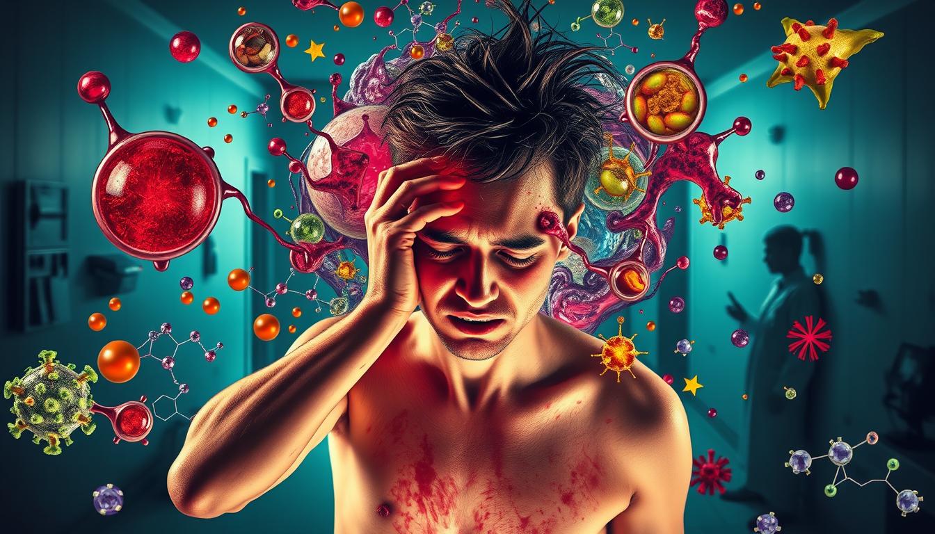 A vibrant, colorful epic scene depicting the potential side effects of vaccine excipients. In the foreground, a person experiences a range of bodily reactions, from rashes and swelling to fatigue and nausea. Surrounding them, a swirling vortex of chemical compounds, each with its own distinct shape and hue, representing the complex interplay of the various excipients. In the background, a stark, clinical setting suggests the medical context, while hints of natural elements, such as leaves or flowers, allude to the search for natural remedies. The lighting is dramatic, casting long shadows and highlighting the intensity of the scene. The overall atmosphere evokes a sense of unease and the need for caution and understanding regarding the potential side effects of vaccine excipients. A vibrant, colorful epic scene depicting the potential side effects of vaccine excipients. In the foreground, a person experiences a range of bodily reactions, from rashes and swelling to fatigue and nausea. Surrounding them, a swirling vortex of chemical compounds, each with its own distinct shape and hue, representing the complex interplay of the various excipients. In the background, a stark, clinical setting suggests the medical context, while hints of natural elements, such as leaves or flowers, allude to the search for natural remedies. The lighting is dramatic, casting long shadows and highlighting the intensity of the scene. The overall atmosphere evokes a sense of unease and the need for caution and understanding regarding the potential side effects of vaccine excipients.