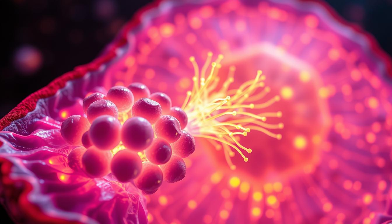 A vibrant, cross-section view of a eukaryotic cell, highlighting the intricate mitochondrial structures. In the foreground, a cluster of mitochondria, their cristae clearly visible, glowing with an intense energy. The middle ground showcases the mitochondria's role in ATP production, with vibrant trails of energy radiating outward. In the background, a hazy, abstract representation of the cell's overall metabolic processes, creating an immersive and informative visual. Captured with a wide-angle lens and soft lighting, conveying the power and importance of these cellular powerhouses.