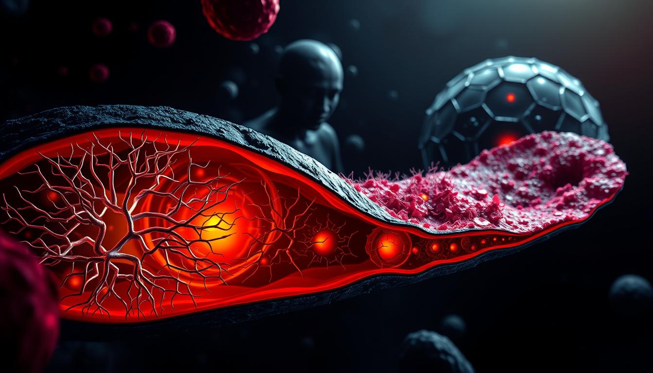 A vibrant cross-sectional illustration showcasing the impact of age on mitochondrial health. In the foreground, a detailed microscopic view of healthy, youthful mitochondria - their dynamic network structure and abundant cristae. In the middle ground, a gradual transition as mitochondria become more fragmented and less functional with advancing age. In the background, a larger-scale representation of the diminishing mitochondrial population and deteriorating organelle integrity within aged cells. Dramatic lighting casts deep shadows, accentuating the contrast between the vibrant, energetic youthful mitochondria and the diminished, aged counterparts. A technical, scientific aesthetic with a sense of biological drama.