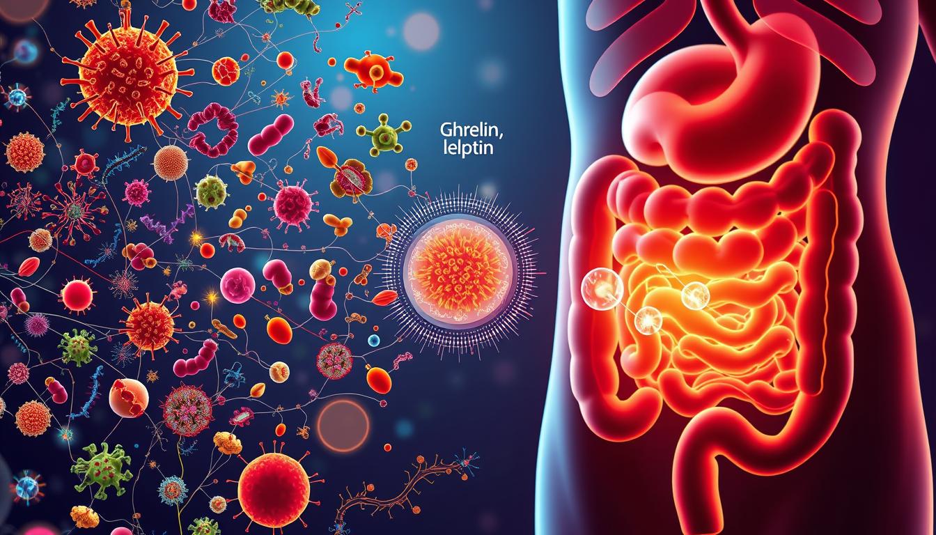 A vibrant, cross-sectional illustration showcasing the intricate relationship between gut bacteria and hunger signals. In the foreground, an array of diverse gut microbiome inhabitants, each with distinct shapes and colors, actively communicate through a web of signaling pathways. In the middle ground, these signals influence the release of hormones like ghrelin and leptin, visually depicted as glowing orbs pulsing with energy. The background features a stylized representation of the digestive system, with the stomach and intestines as the focal point, casting a warm, organic glow. The overall composition conveys the dynamic, interconnected nature of gut health and its profound impact on appetite regulation.