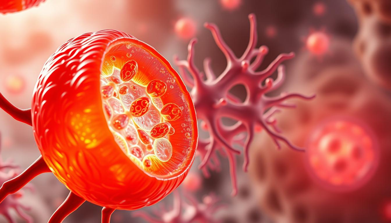 A vibrant, cross-sectional view of a healthy mitochondrion, the powerhouse of the cell. In the foreground, a brilliantly lit and detailed organelle, its inner membrane showcasing intricate cristae structures. The middle ground reveals a network of interconnected mitochondria, their dynamic movements and interactions suggesting efficient energy production. In the background, a hazy, subdued cellular environment, emphasizing the central role of these vital organelles. Rendered with a soft, warm color palette and a shallow depth of field, creating a sense of depth and focus on the mitochondrial health.