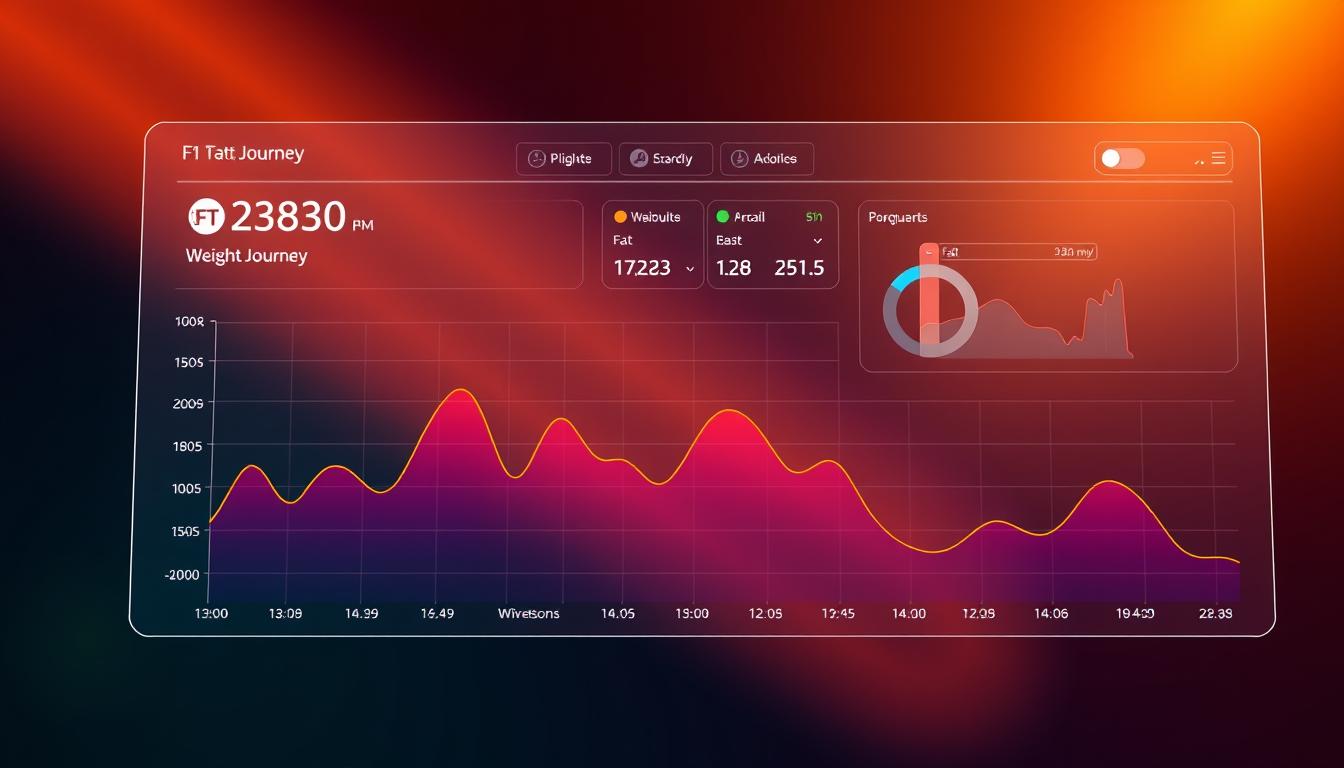 A vibrant data visualization dashboard showcasing weight loss progress trends. In the foreground, a sleek line graph illustrates a user's fat loss journey over time, with colorful data points and a smooth trendline. The middle ground features a set of intuitive tracking widgets - a weight indicator, a body measurement tracker, and a visual progress bar. The background depicts a minimalist, high-tech interface with a subtle gridline pattern, creating a sense of organization and professionalism. Warm, directional lighting casts a soft glow across the scene, highlighting the crisp UI elements. The overall aesthetic conveys a sense of empowerment, clarity, and control over one's health and fitness goals.