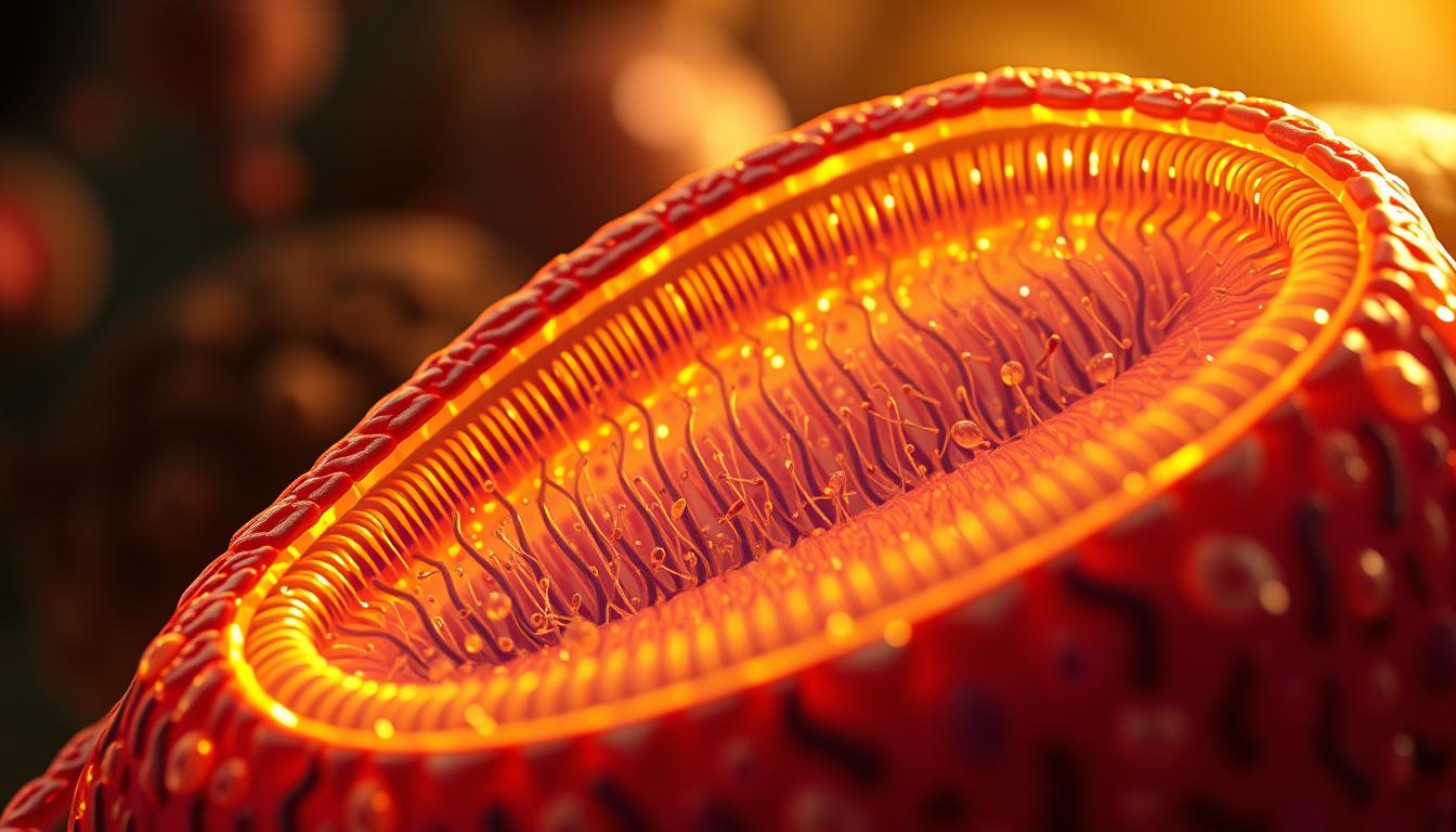 A vibrant, detailed cross-section of a healthy mitochondrion, the powerhouse of cells. In the foreground, a close-up view showcases the intricate inner membrane structures and cristae, pulsing with energy. The middle ground reveals the outer membrane, semi-permeable and allowing the flow of essential molecules. In the background, a softly blurred cellular environment suggests the mitochondrion's vital role in cellular metabolism and longevity. Warm, golden lighting casts a glow, emphasizing the mitochondrion's dynamic, life-sustaining function. Captured with a macro lens for maximum detail and clarity, this image conveys the importance of mitochondrial health, especially for older adults.
