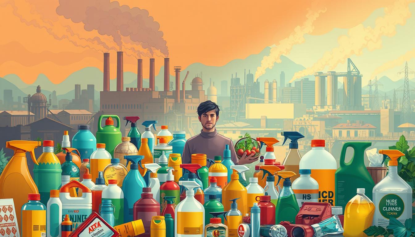 A vibrant, detailed illustration depicting common sources of toxins in daily life. In the foreground, a variety of household items such as cleaning products, personal care items, and pesticides are prominently displayed. In the middle ground, a person is surrounded by these items, highlighting their ubiquity. In the background, a cityscape with factories and smokestacks emits polluted air, underscoring the environmental factors contributing to toxin exposure. The scene is lit with warm, natural lighting, creating a sense of urgency and the need to address these pervasive sources of toxins.