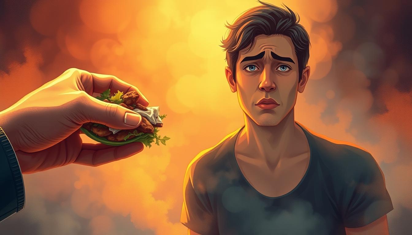 A vibrant, detailed illustration depicting the impact of toxins on eating habits. In the foreground, a person's hand holding a heavily processed, unhealthy meal. The middle ground shows the person's distressed facial expression, reflecting the internal turmoil caused by the toxic effects. In the background, a hazy, discolored environment representing the polluted, toxic surroundings that influence the individual's food choices. Soft, warm lighting illuminates the scene, creating a sense of unease. Captured through a wide-angle lens to convey the overwhelming nature of the subject matter.