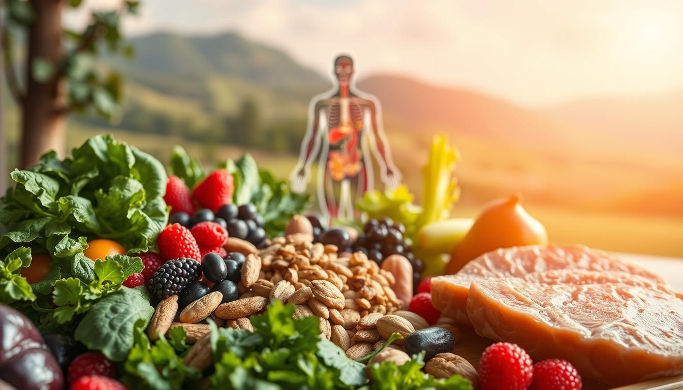 A vibrant, detailed illustration depicting the interplay between diet and inflammation. In the foreground, a variety of fresh, colorful foods - leafy greens, berries, nuts, and lean proteins - symbolizing a nutrient-dense, anti-inflammatory diet. In the middle ground, an anatomical diagram of the human body, highlighting areas of inflammation. In the background, a soothing natural landscape, conveying the calming, restorative effects of a balanced, inflammation-reducing diet. Warm, diffuse lighting casts a gentle glow, emphasizing the harmony between diet, physiology, and the environment. Captured through a wide-angle lens to encompass the interconnected elements, this image aims to visually encapsulate the role of diet in managing inflammation and weight.