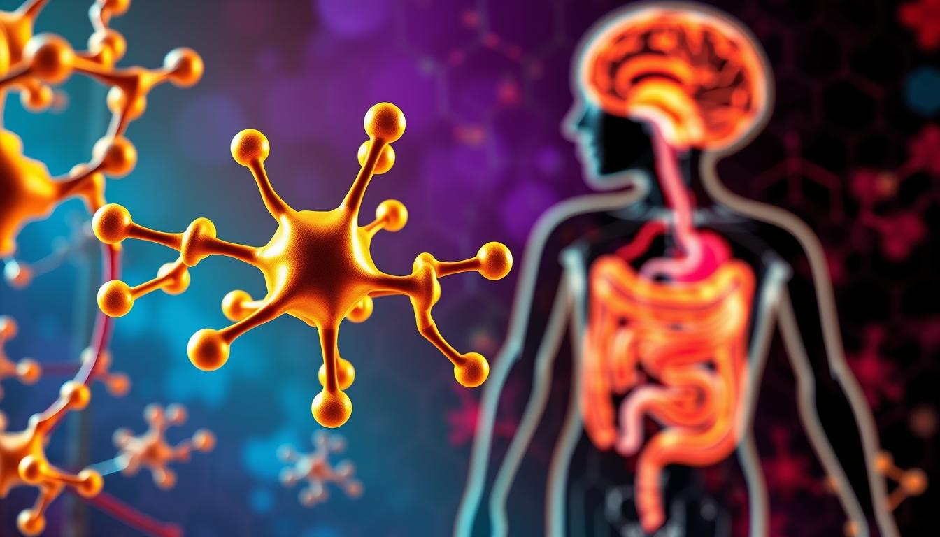A vibrant, detailed illustration depicting the regulation of appetite by the hormone ghrelin. In the foreground, a close-up view of the molecular structure of ghrelin, its receptors, and associated signaling pathways. The middle ground showcases the human digestive system, with highlighted regions where ghrelin is produced and where it exerts its effects on hunger and satiety. The background features a stylized, abstract representation of the brain, highlighting the neural pathways involved in appetite regulation. The overall composition conveys a sense of scientific exploration and the interconnectedness of physiological processes.
