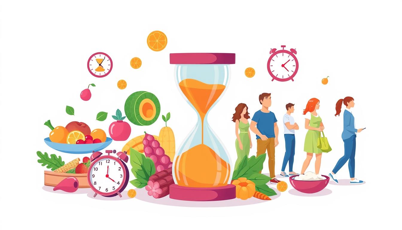 A vibrant, detailed illustration depicting various intermittent fasting protocols. In the foreground, an hourglass icon symbolizes the fasting period, surrounded by a variety of food groups and clocks representing different fasting schedules. The middle ground showcases people in various stages of their fasting routines, highlighting the diversity of approaches. In the background, a clean, minimalist backdrop with soft lighting emphasizes the simplicity and effectiveness of these intermittent fasting methods. The overall composition conveys the powerful yet accessible nature of these weight loss strategies.