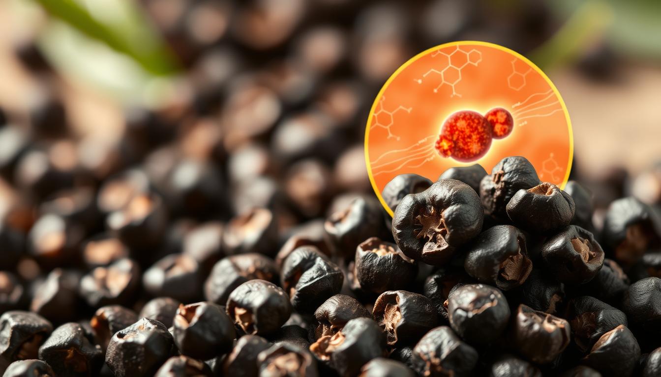 A vibrant, detailed illustration of black pepper's nutrient absorption capabilities. In the foreground, a cluster of fresh black peppercorns, their glossy surfaces reflecting the light. In the middle ground, a cross-section of the peppercorn, revealing its inner structure and the active compounds responsible for enhancing nutrient absorption. The background features a microscopic view, showcasing the intricate interplay between the peppercorn's phytochemicals and the human digestive system, illustrated with a warm, soft-focus effect. The lighting is natural and diffused, creating an atmosphere of scientific discovery and health benefits.