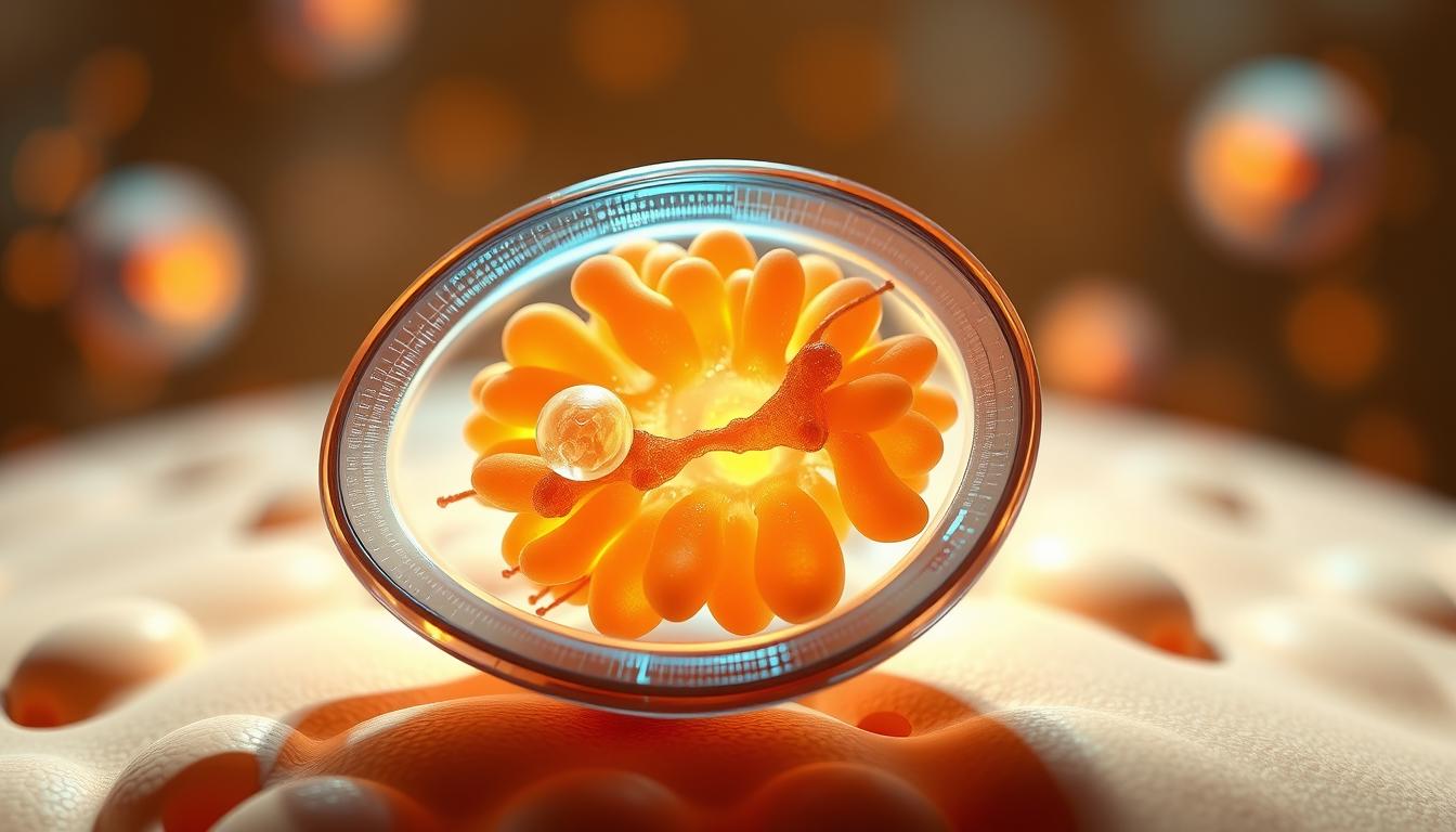 A vibrant, detailed illustration of mitochondria and their role in energy production. The scene shows a cross-section of a mitochondrion, its intricate inner structure visible. Cristae, the folded inner membrane, glow with a warm yellow-orange hue, representing the ATP synthesis process. The outer membrane appears semi-transparent, allowing a glimpse of the organelle's dynamic interactions within the cell. The background is softly blurred, keeping the focus on the mitochondrion's captivating internal workings. Subtle lighting from various angles enhances the three-dimensional quality, creating depth and volume. The overall aesthetic is one of scientific precision combined with an artistic, almost mesmerizing quality.