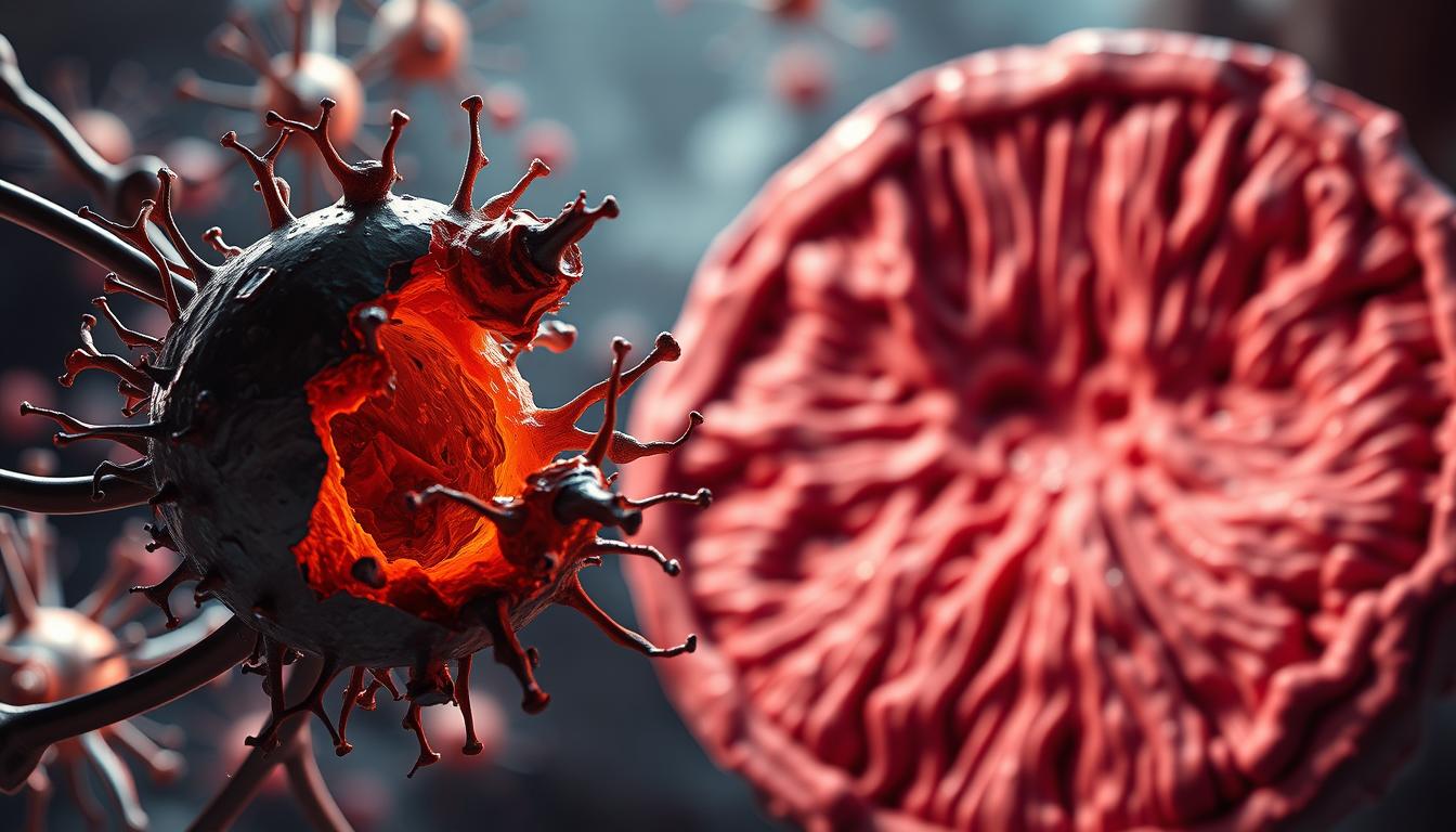 A vibrant, detailed illustration of mitochondrial dysfunction and aging. In the foreground, a damaged mitochondrion with a distorted, fragmented structure. Surrounding it, a network of healthy mitochondria, their cristae and inner membranes clearly visible. In the middle ground, a cross-section of aged muscle tissue, with shrunken, disorganized fibers. In the background, a hazy, blurred scene representing the decline of cellular function with advancing years. Dramatic, high-contrast lighting casts long shadows, emphasizing the deterioration. Rendered with a photorealistic style, the scene conveys the importance of mitochondrial health in the aging process.