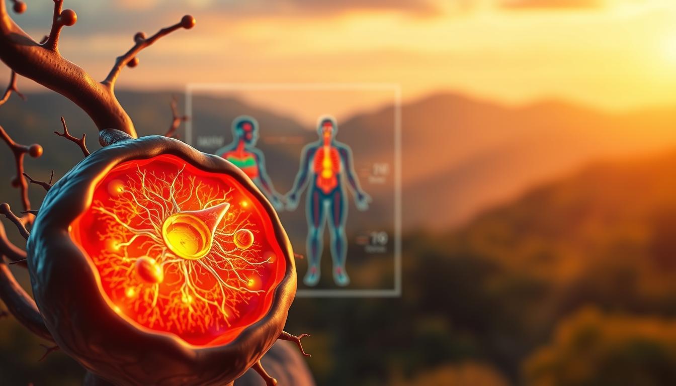 A vibrant, detailed illustration of mitochondrial health and its connection to weight loss. In the foreground, a highly realistic cross-section of a mitochondrion, its intricate inner structures glowing with vivid colors. The middle ground features an anatomical diagram of the human body, with areas of fat loss and energy production highlighted. The background depicts a serene natural landscape, conveying a sense of balance and holistic wellness. Warm, diffused lighting and a soft, dreamlike atmosphere create an inviting, educational visual. Captured with a high-resolution camera lens, the image offers a comprehensive, visually striking exploration of the topic.