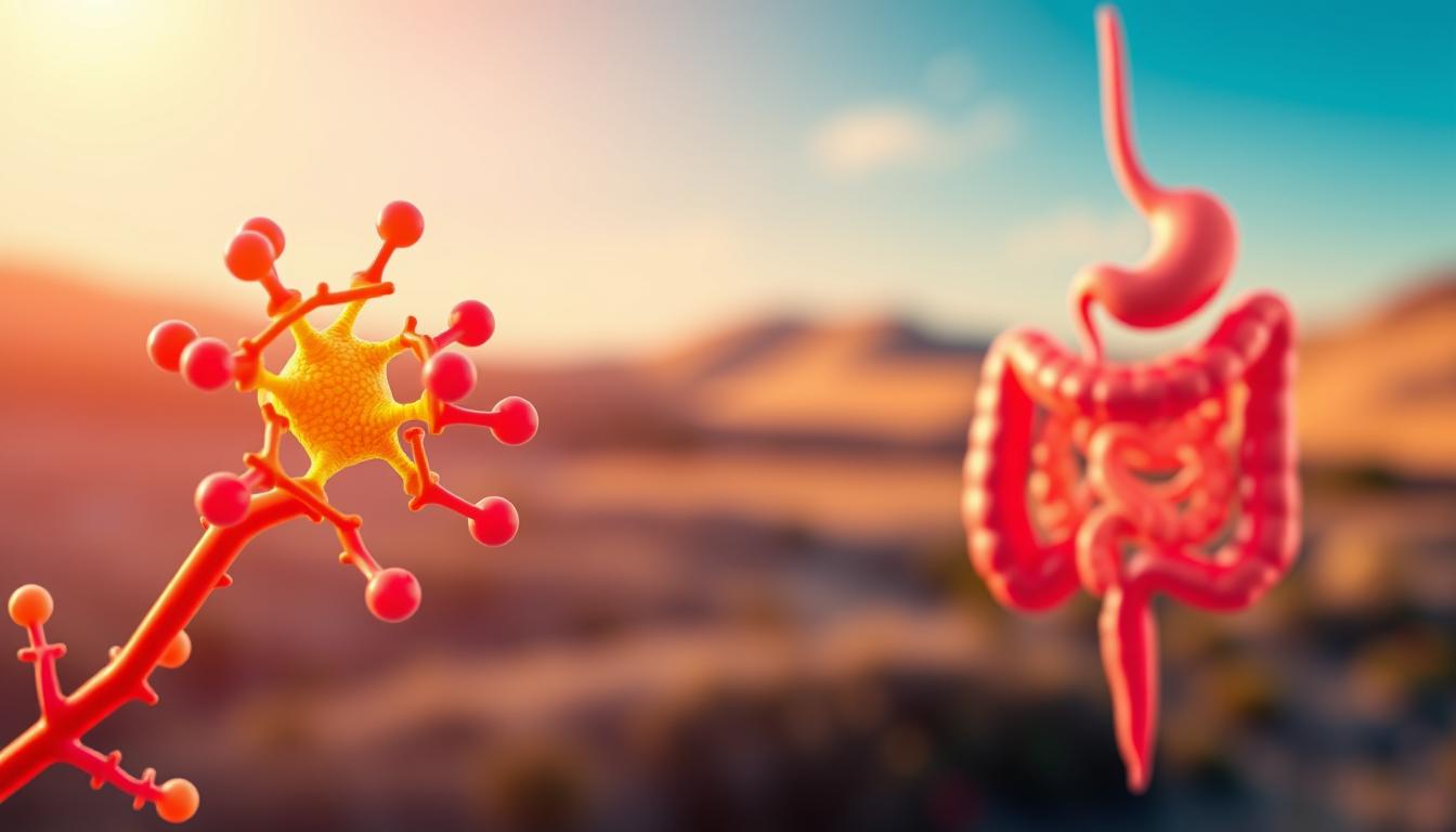 A vibrant, detailed illustration of the hormone cholecystokinin (CCK) and its role in digestion. A close-up view showcases the intricate structure of the CCK molecule, its bright hues contrasting against a softly blurred background. In the foreground, a series of digestive organs come to life, depicting the process of CCK release and its stimulation of bile and pancreatic enzyme secretion. The middle ground features a cross-section of the small intestine, highlighting the interactions between CCK and its receptors. The background is a serene, abstract landscape, suggesting the holistic nature of the digestive system. Warm lighting and a naturalistic color palette imbue the scene with a sense of balance and wellness, reflecting the role of CCK in weight management.