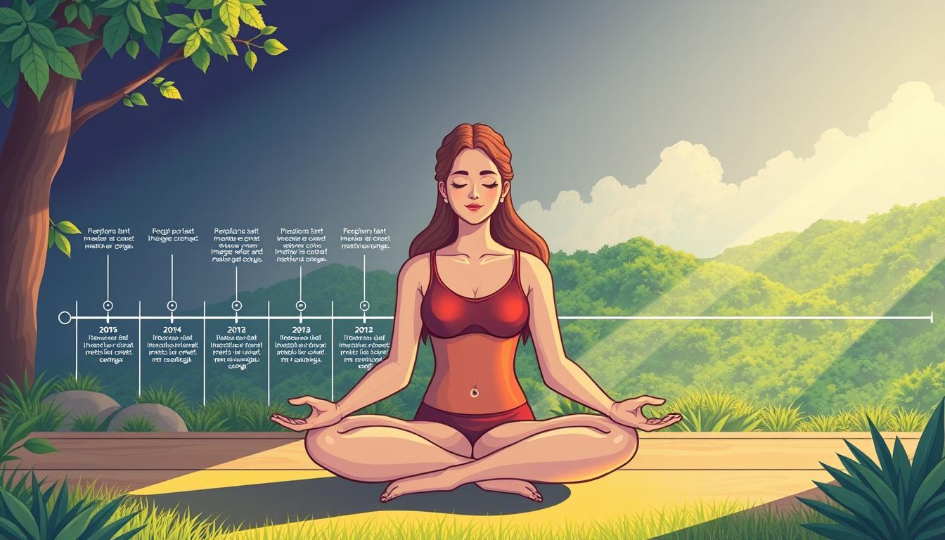 A vibrant, detailed illustration showcasing the benefits of intermittent fasting. In the foreground, a person sits in a meditative pose, their face radiant with a serene expression. The middle ground features a visual timeline, displaying the gradual metabolic and cellular changes that occur during an intermittent fasting cycle. In the background, a lush, verdant landscape symbolizes the rejuvenating and restorative effects of this practice. The lighting is soft and natural, casting a warm, inviting glow over the scene. The angle is slightly elevated, providing a comprehensive view of the various elements and their interconnectedness. The overall mood is one of balance, harmony, and the profound impact of intentional, holistic wellness practices.