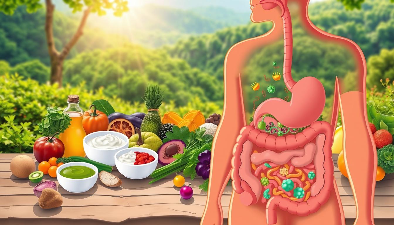 A vibrant, detailed illustration showcasing the concept of gut health optimization. In the foreground, a stylized human digestive system with a healthy, thriving gut microbiome represented by colorful, diverse microbial flora. The middle ground features various whole foods and superfoods known to support gut health, such as fermented vegetables, probiotic-rich yogurt, and fiber-rich greens. The background depicts a serene, natural landscape with lush greenery, sunlight filtering through, and a sense of balance and harmony. The overall composition conveys the holistic, restorative nature of optimizing gut health for improved wellbeing.