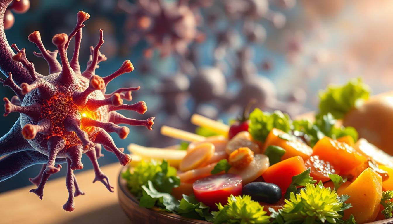 A vibrant, detailed illustration showcasing the relationship between diet and mitochondrial function. In the foreground, a microscopic view of mitochondria, their intricate inner structures glowing with energy. In the middle ground, a balanced plate of whole, nutrient-dense foods - vegetables, fruits, lean proteins, and healthy fats. The background features a backdrop of cellular structures, subtly hinting at the complex interplay between diet and mitochondrial health. Warm, natural lighting illuminates the scene, creating a sense of vitality and dynamism. The composition emphasizes the crucial role that a well-balanced diet plays in optimizing mitochondrial function and overall metabolic processes.